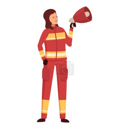 Vektor-Illustration einer lächelnden Feuerwehrfrau, die ein Megafon hält und selbstbewusst dasteht