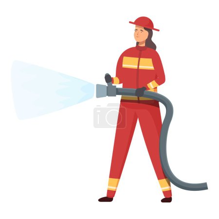 Illustration einer tapferen weiblichen Feuerwehrfrau in voller Montur mit einem Wasserschlauch zur Brandverhütung und Sicherheit im Rettungsdienst
