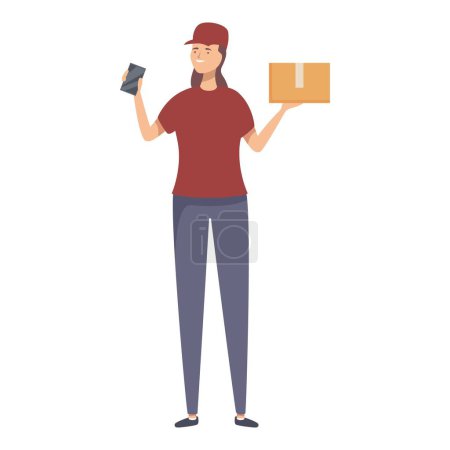 Ilustración de una mensajera con una gorra sosteniendo un paquete y escaneándolo con un dispositivo móvil