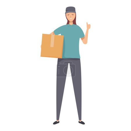 Illustration of a smiling female courier with a parcel gesturing positively