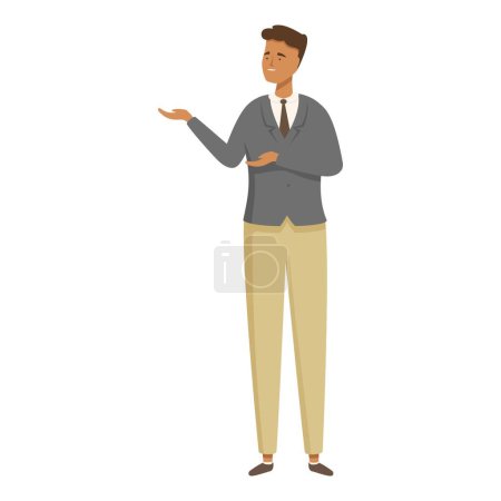 Jeune homme professionnel confiant présentant des idées et communiquant la stratégie d'entreprise dans une tenue de bureau moderne et élégante lors d'un séminaire d'affaires, en utilisant des gestes de main pour illustrer et guider