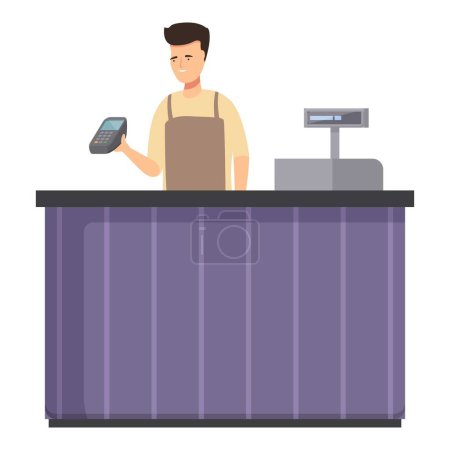 Illustration of a young male cashier with a card reader at a store checkout counter