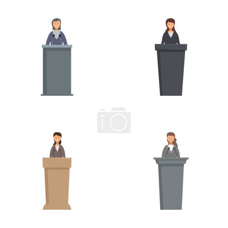 Cuatro ilustraciones de profesionales que hablan en podios, mostrando la diversidad