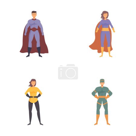 Illustrationsset, das ein vielfältiges Team von Superhelden in farbenfrohen Kostümen mit Umhängen und heroischen Posen zeigt