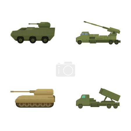 Illustration de quatre types de véhicules militaires modernes, dont un char et une artillerie mobile