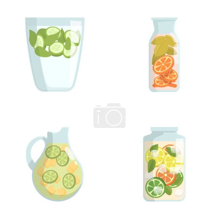 Collection of colorful vector illustrations featuring pitchers of fruitinfused water