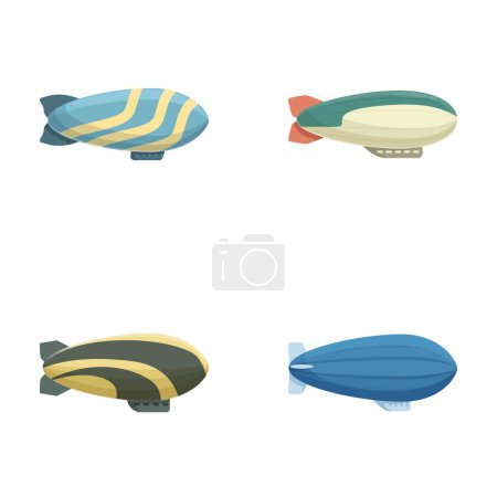 Set von vier Luftschiffen im Cartoonstil in verschiedenen Farben und Designs, isoliert auf weißem Hintergrund