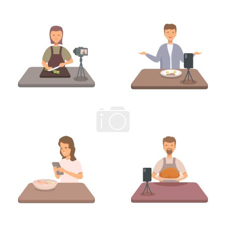 Set of illustrations featuring diverse food bloggers recording tutorials and reviews for online audiences