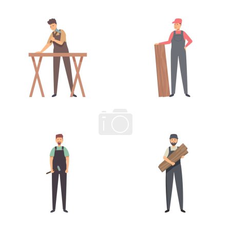 Sammlung von vier bebilderten männlichen Zimmerleuten in verschiedenen Posen mit Werkzeugen und Materialien für die Holzbearbeitung