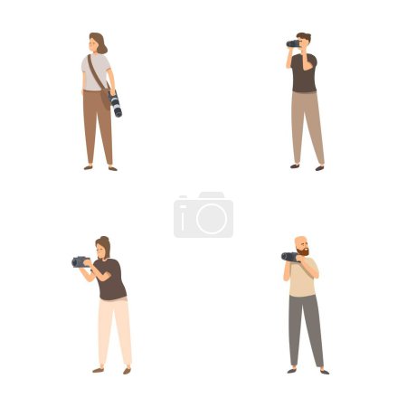 Illustration for Set of four illustrations showing photographers with cameras in different shooting positions - Royalty Free Image