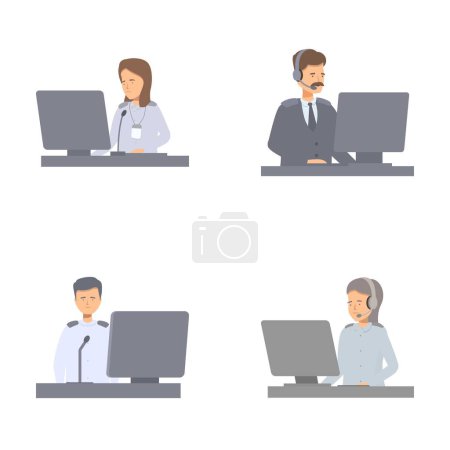 Four illustrations of call center agents, both male and female, with headsets working on computers
