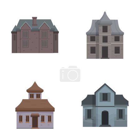 Ilustración de Colección de cuatro casas estilo caricatura, aisladas sobre un fondo blanco para facilitar su uso - Imagen libre de derechos
