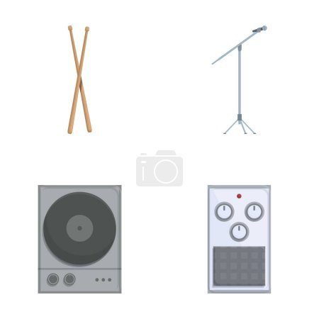 Colección de iconos vectoriales que representan el equipo de estudio, incluidos micrófonos, tambores y altavoces