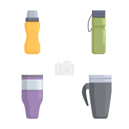 Recogida de cuatro recipientes de bebidas, incluyendo botellas de agua y vasos