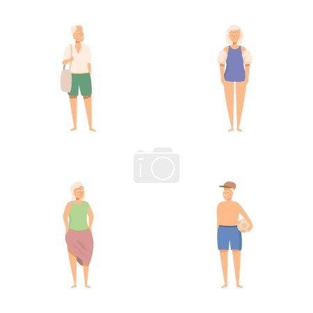 Collection of illustrated elderly characters enjoying beach activities, isolated on white