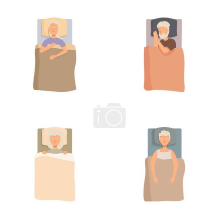Ensemble de quatre illustrations minimalistes montrant diverses personnes dormant confortablement dans leur lit