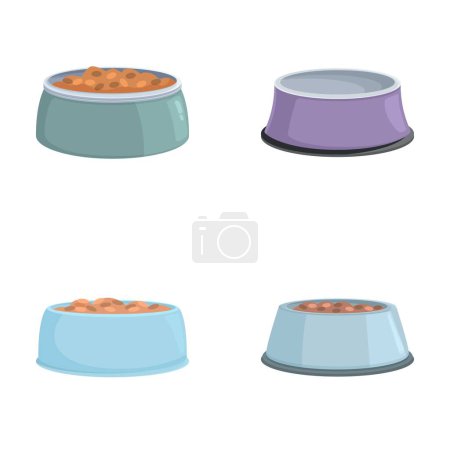 Illustration for Four pet bowls, two empty and two filled with food, isolated on a white background - Royalty Free Image
