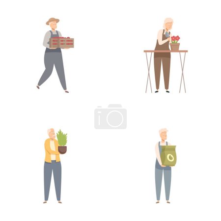 Collection de quatre illustrations montrant des personnes âgées engagées dans différentes tâches de jardinage