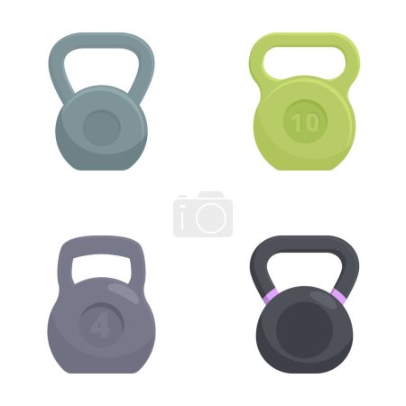 Set of four colorful kettlebells with varying weights isolated on a white background