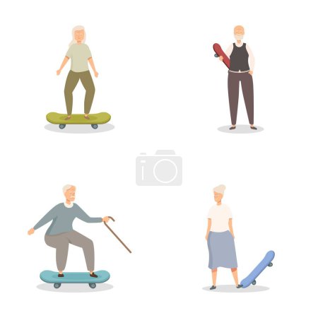 Animado y activo skateboarding de personas mayores para ilustraciones de estilo de vida saludable y agradable en el diseño de vectores