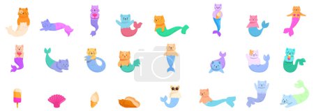 Sirène chats icônes ensemble vecteur. Une collection de sirènes de dessin animé en différentes couleurs et tailles. Certains nagent, d'autres reposent au fond de l'océan, d'autres tiennent des objets comme une tasse et une bouteille.