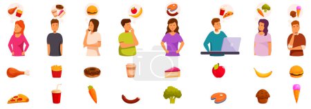 Thinking food icons set vector. A group of people are shown with different food items in front of them. The people are thinking about what to eat, and the food items include pizza, cake, broccoli, and