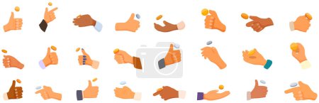 Hand flips coin icons set vector. A collection of cartoon hands holding coins and giving thumbs up. The hands are of different colors and sizes, and they are all holding coins