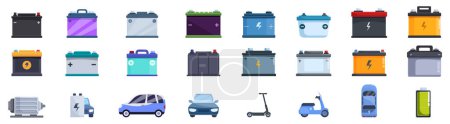 Electricity car accumulator icons set vector. A collection of battery cases, including a car battery, a motorcycle battery, and a scooter battery