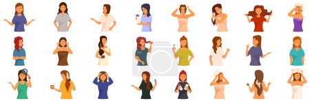 Woman dandruff icons set vector. A collection of women in various outfits and hairstyles. Some are talking on cell phones, while others are brushing their hair or putting on makeup. Scene is casual