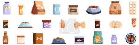 Illustration for Vitamins pets icons set vector. A collection of pet supplies including dog food, medicine, and toys. Concept of care and responsibility for pets - Royalty Free Image