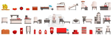 Ketchup tomate icônes de production ensemble vecteur. Une série d'images représentant diverses installations de transformation et d'emballage des aliments. Les images comprennent un camion, un tapis roulant, une machine et un réfrigérateur.