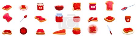 Jam toast icons set vector. A row of food items with a red jelly spread on them. The jelly spread is in various shapes and sizes, and some of the items are cut in half. There are also utensils such as