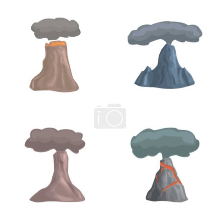 Los iconos de erupción volcánica establecen un vector de dibujos animados. Erupción volcánica con lava en llamas. Desastre natural