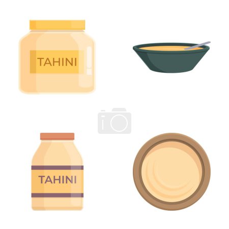 Tahini vestir iconos conjunto vector de dibujos animados. Pasta de semillas de sésamo Tahini. Concepto alimenticio
