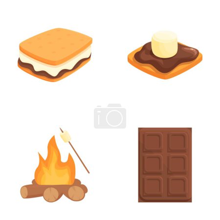 S mores ingredients isolated set with marshmallow, chocolate, biscuit, roasted over campfire. Vector illustration of sweet dessert, graham cracker, confectionery, american cuisine, picnic icon