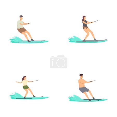 Illustrations of people with various body types surfing, showcasing diversity in water sports