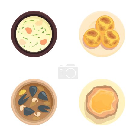 Illustration for Colorful and appetizing assorted cartoon dishes set with vector illustrations of soup, dessert, pizza, and egg dish digital art cuisine clipart collection for menu items and restaurant concepts - Royalty Free Image