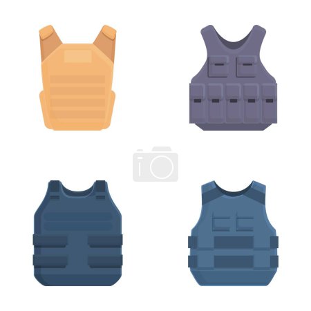 Illustration of four different styles of bulletproof vests in various colors