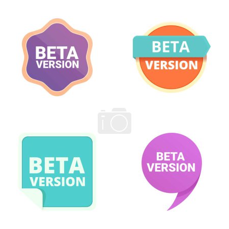 Quatre badges de version bêta colorés sous différentes formes pour le marketing de développement logiciel