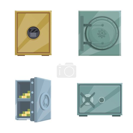 Collection of four vector illustrations of cartoon safes in various designs, isolated on white