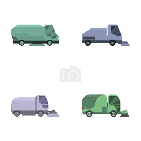 Collection of four cartoonstyle urban sanitation vehicles isolated on white