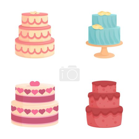 Set of four colorful cartoonstyle celebration cakes, perfect for festive design elements
