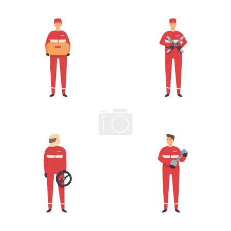 Collection of illustrations featuring delivery personnel with packages, a trolley, and a scanning device