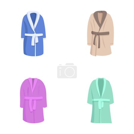 Collection of four bathrobe illustrations in blue, beige, pink, and green colors, isolated on a white background
