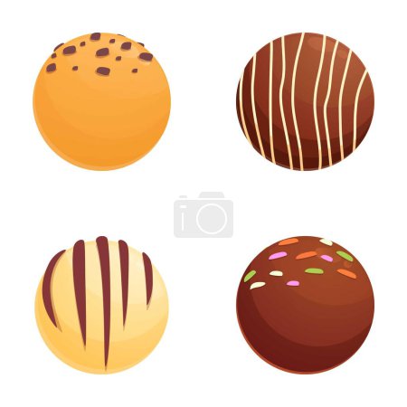 Ilustración vectorial de cuatro trufas de chocolate de estilo diferente, perfectas para menús de postres o blogs de alimentos