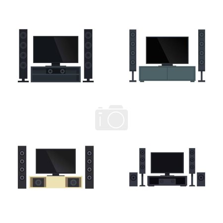 Set of four vector illustrations of home theater systems with various speaker setups