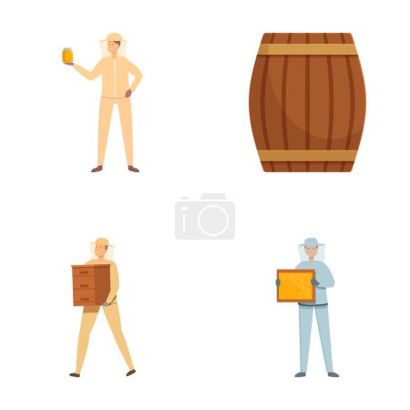 Illustrations d'employés de brasserie tenant de la bière, portant des caisses et présentant du fromage