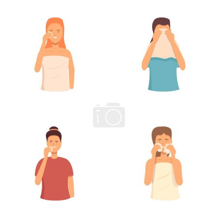 Set of four illustrations depicting individuals practicing good hygiene by covering their mouth and nose