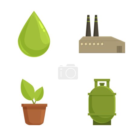 Ensemble vectoriel comprenant une goutte verte, une usine, une usine en pot et des icônes de réservoir de gaz