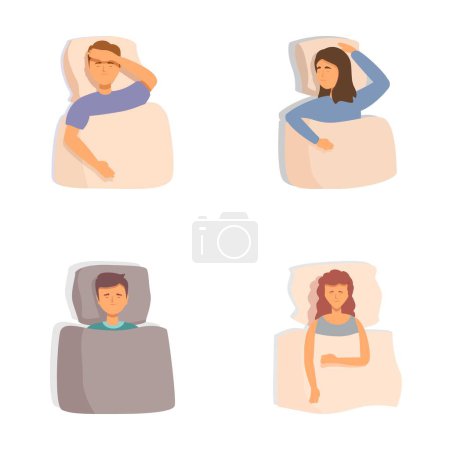Illustration for Illustrations of men and women suffering from insomnia, lying in bed unable to sleep - Royalty Free Image